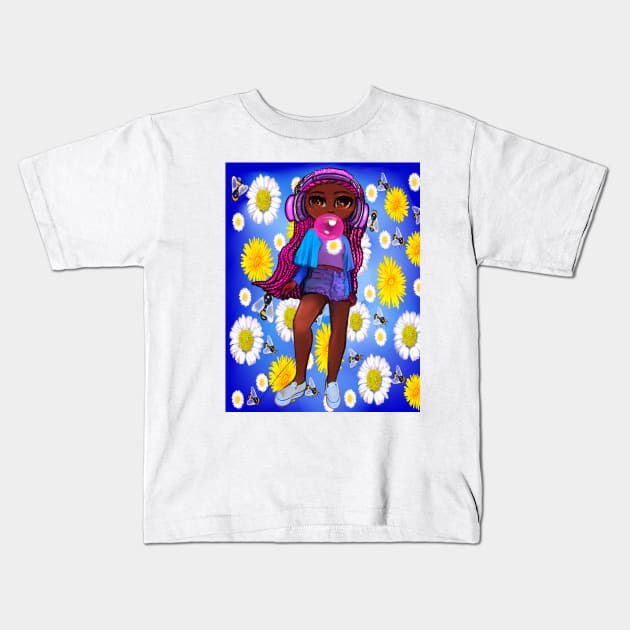 Beautiful Brown skin African American girl with Afro hair in 2 puffs blowing bubblegum and wearing headphones listening to music. Black girls rock, black girl magic,melanin poppin queen anime girl drawn in manga style Kids T-Shirt by Artonmytee